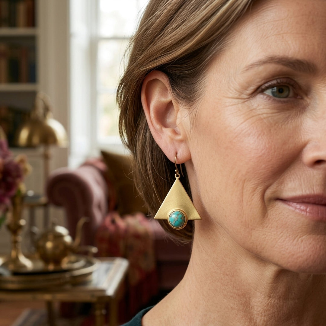 Triangular Brass Turquoise Stone Drop Earrings