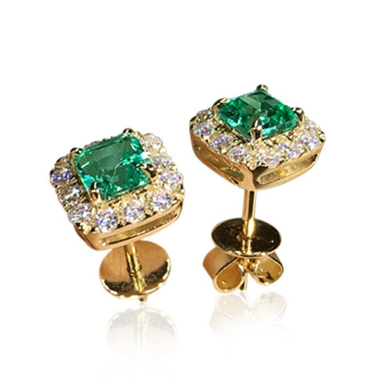 Emerald Cut Halo Diamond Stud Earrings