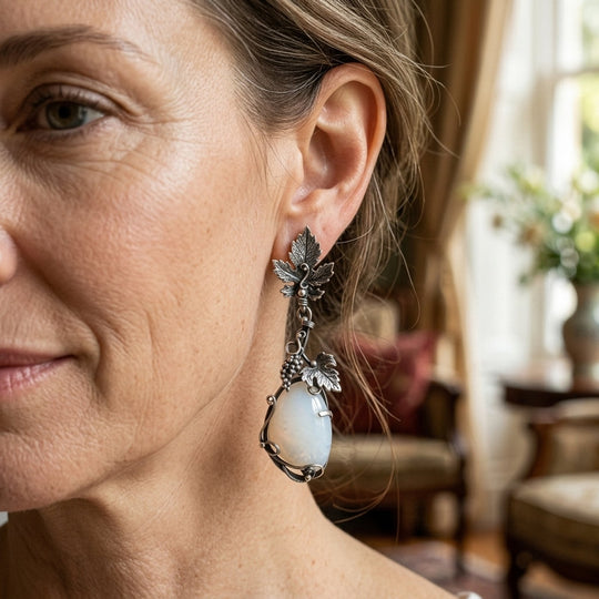 Sterling Silver Vine-Motif Drop Earrings with Moonstone