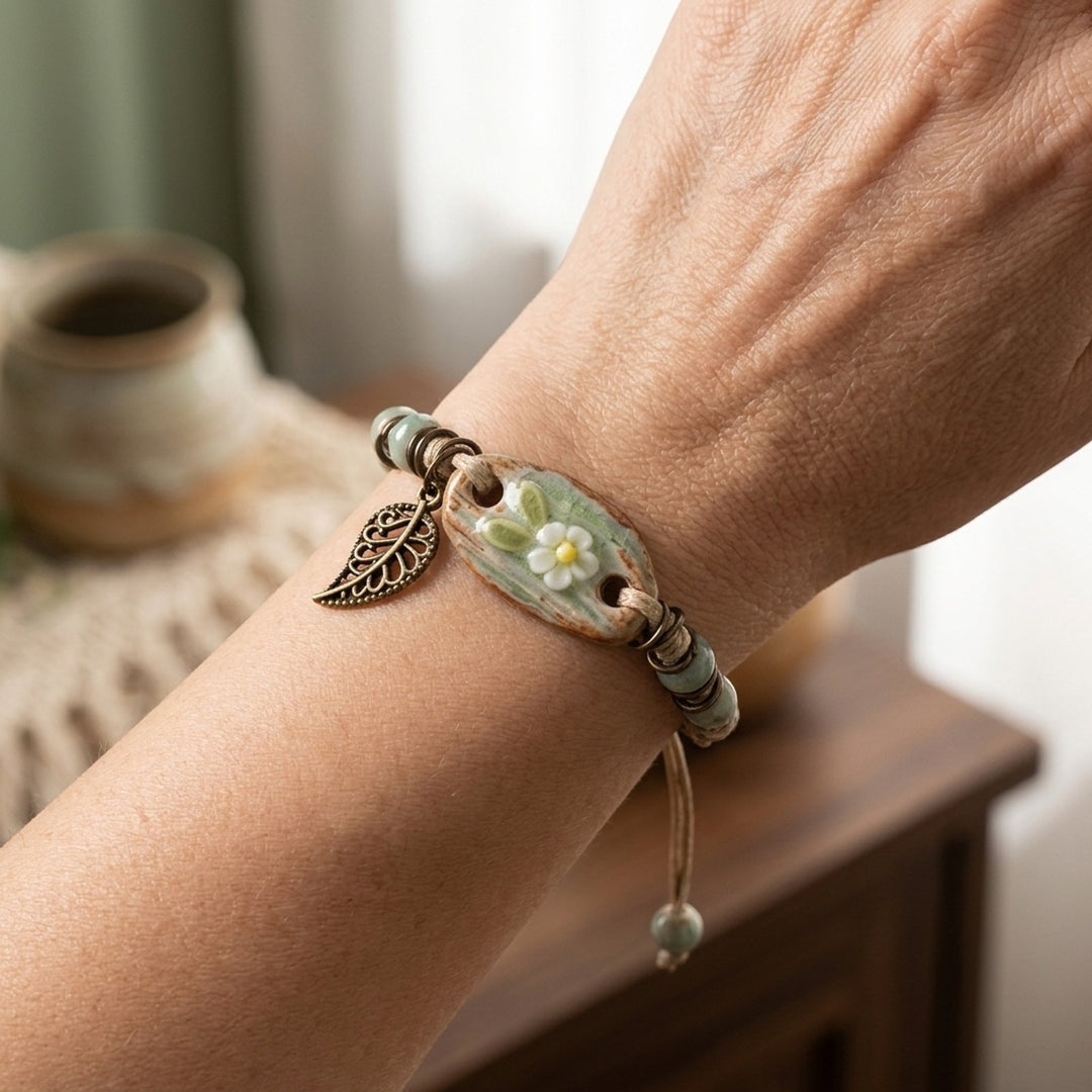 Adjustable Cord Ceramic Floral Charm Bracelet