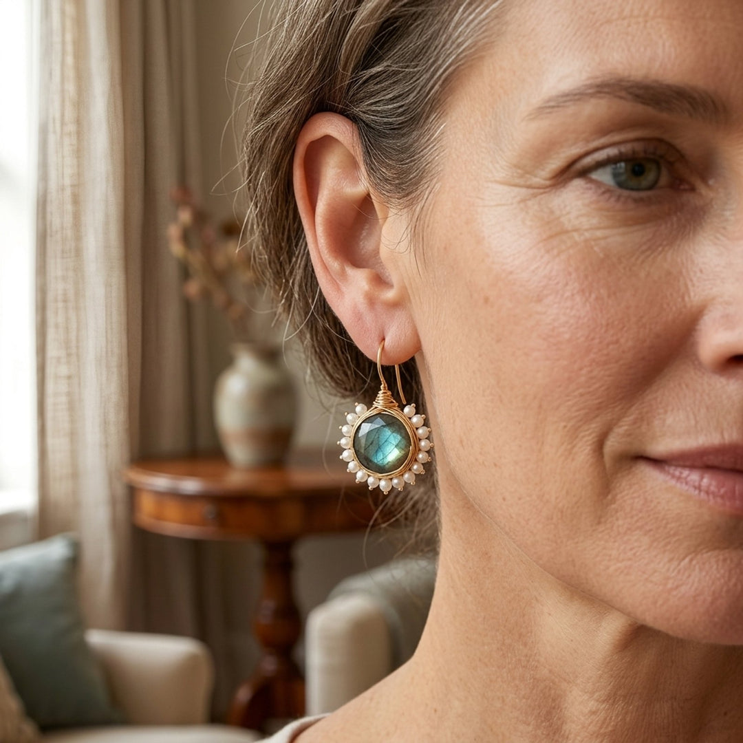 Wire-Wrapped Gemstone Pearl Drop Earrings