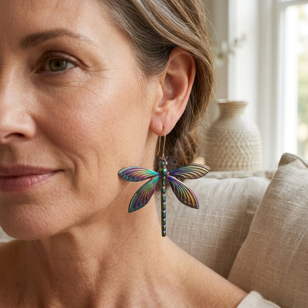 Rainbow Iridescent Dragonfly Drop Earrings