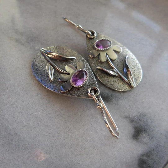 Textured Mixed Metal Gemstone Drop Earrings