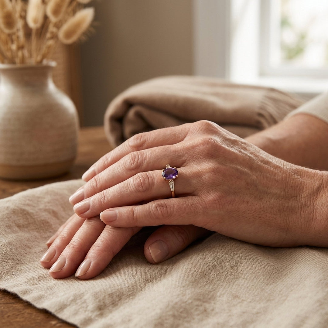 14K Gold Oval Amethyst Three-Stone Ring