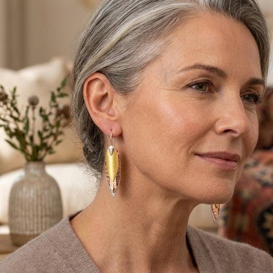 Mixed Metal Leaf-Shaped Drop Earrings