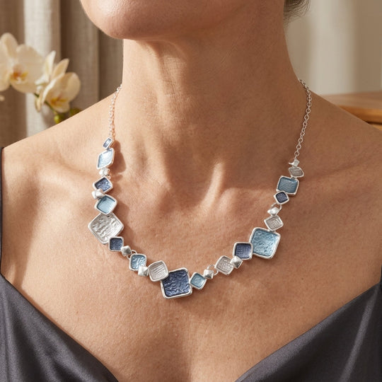Square Enamel Sterling Silver Necklace Set
