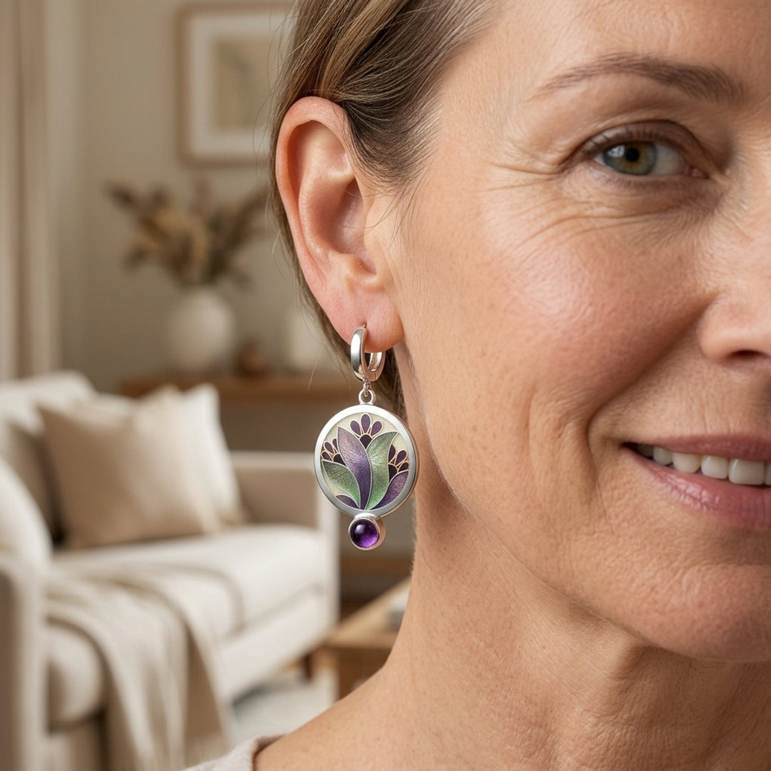 Silver Enamel Floral Hoop Drop Earrings