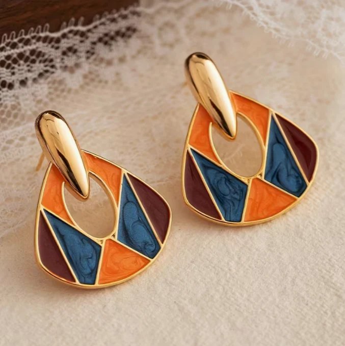 Gold-Plated Enamel Mosaic Drop Earrings