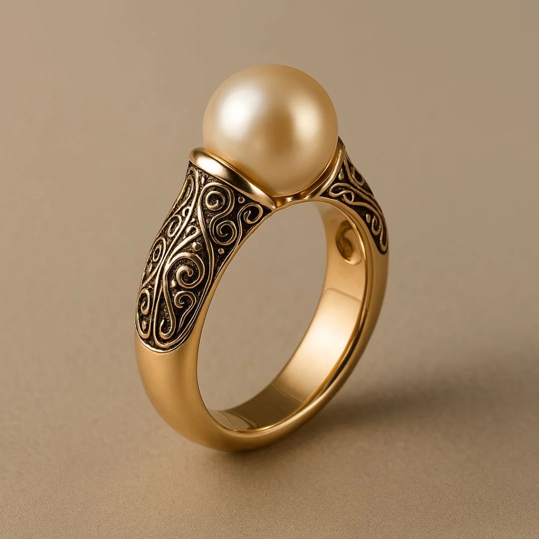 Gold Filigree Engraved Pearl Ring
