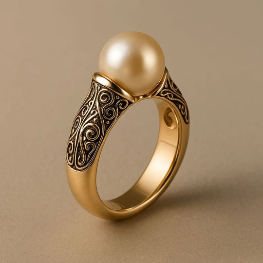 Gold Filigree Engraved Pearl Ring