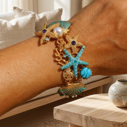 Pearl-Accented Ocean Charm Link Bracelet