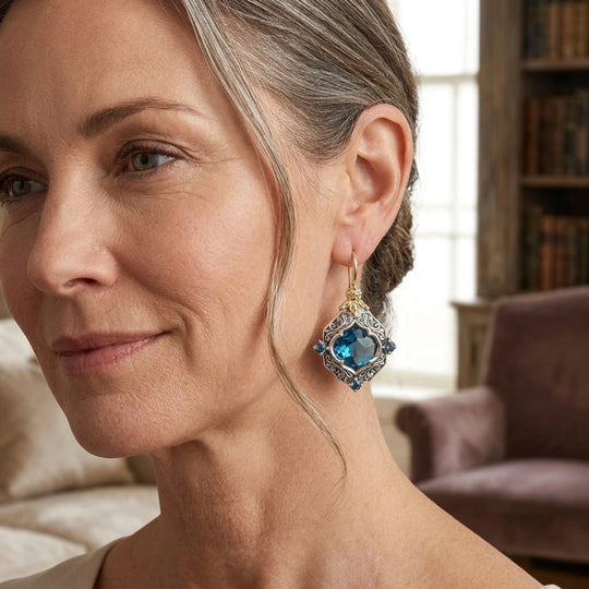 Faceted Drop Earrings with Ornate Filigree Frame