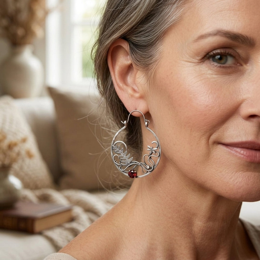Sterling Silver Botanical Hoop Earrings