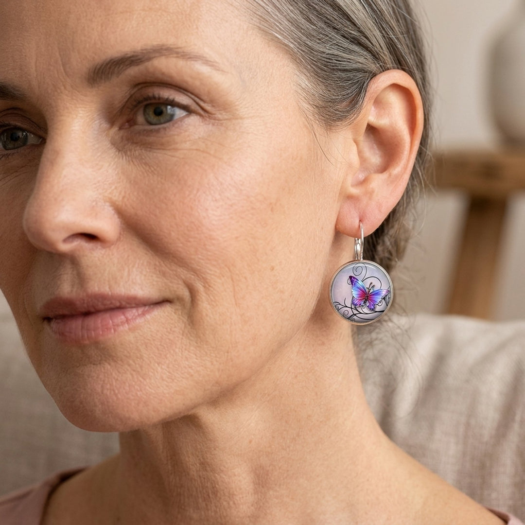 Glass Dome Butterfly Lever-Back Earrings