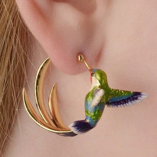 Enamel Hummingbird Hoops &amp; Leaf Ring Set