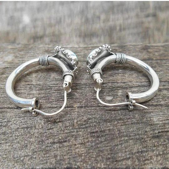 Sterling Silver Rope-Textured Turquoise Hoop Earrings