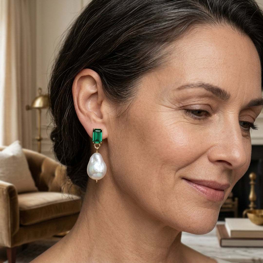 Gold-Plated Pearl Drop Earrings with Emerald Studs
