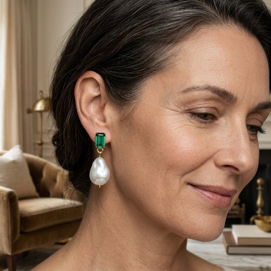 Gold-Plated Pearl Drop Earrings with Emerald Studs