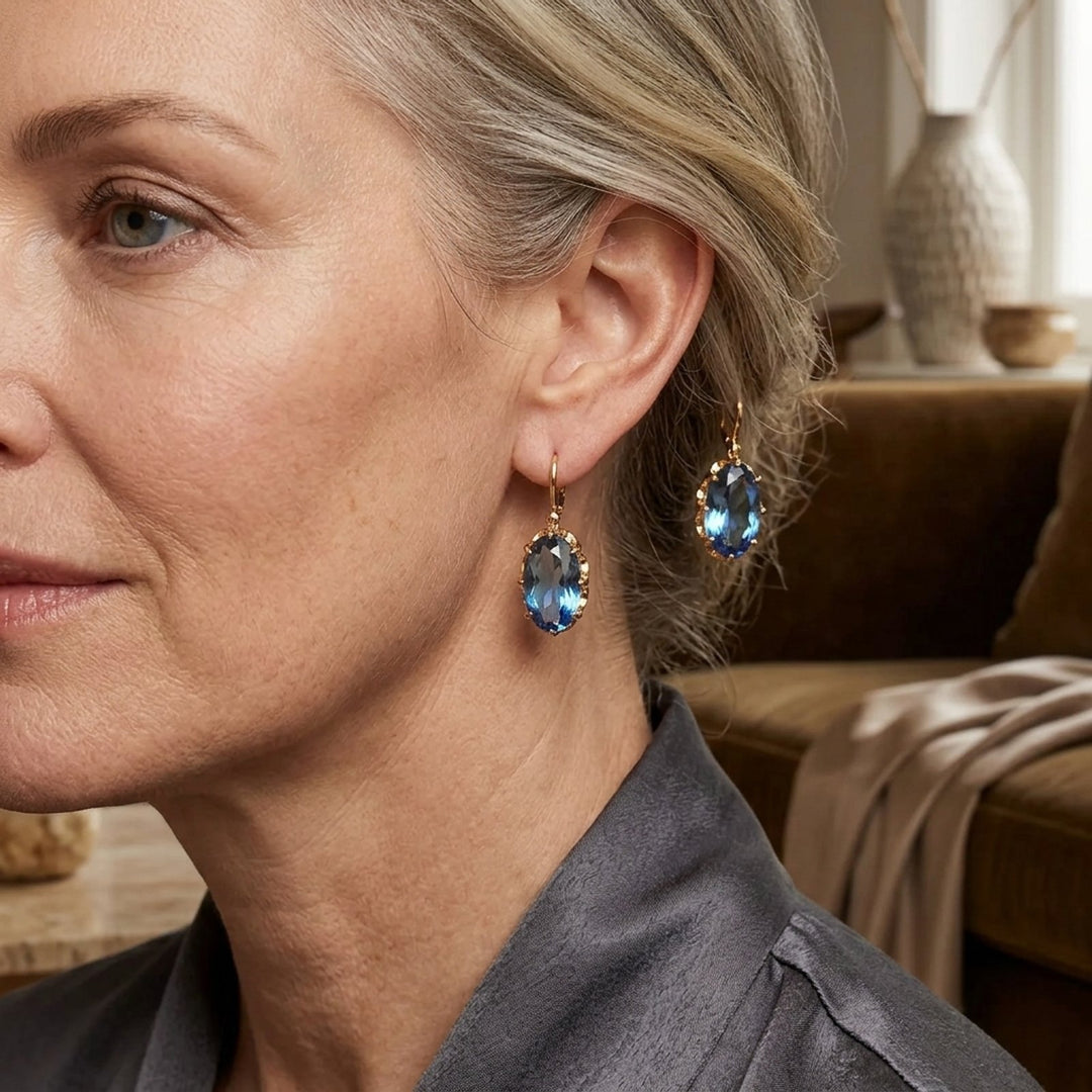 Gold-Plated Oval-Cut Gemstone Drop Earrings