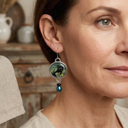 Silver Drop Earrings with Cat Art