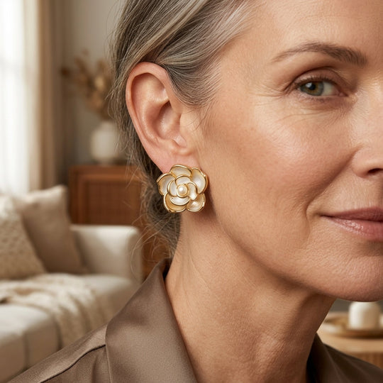 Gold-Plated Floral Pearl Stud Earrings