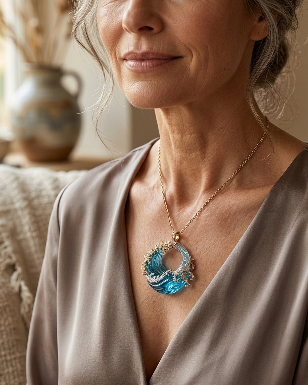 Wave Pendant Necklace with Gold Chain