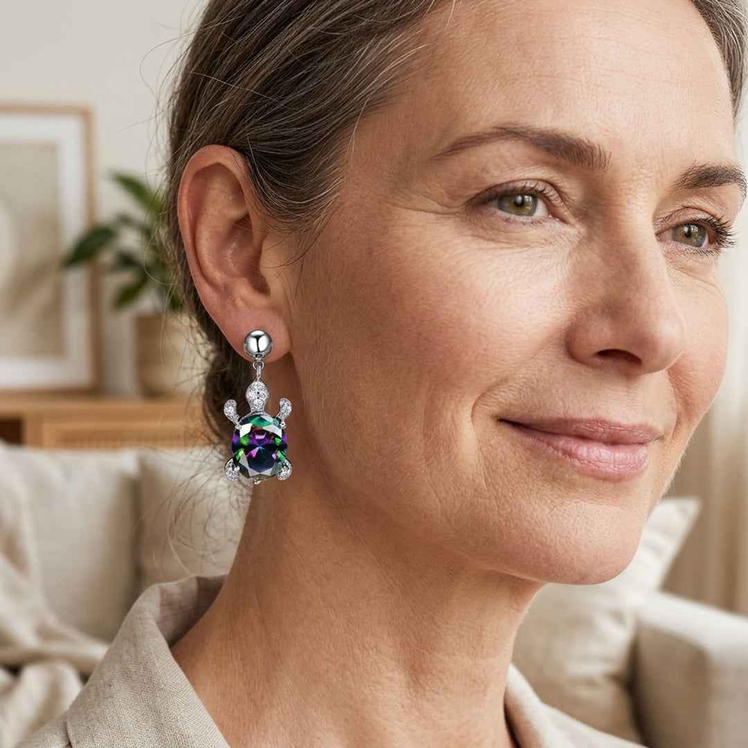 Sterling Silver Turtle Drop Earrings with Rainbow Zirconia