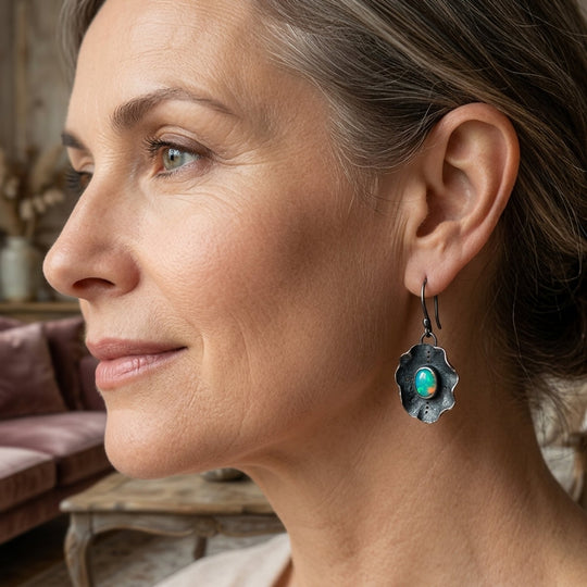Opal Stone Oxidized Silver Drop Earrings