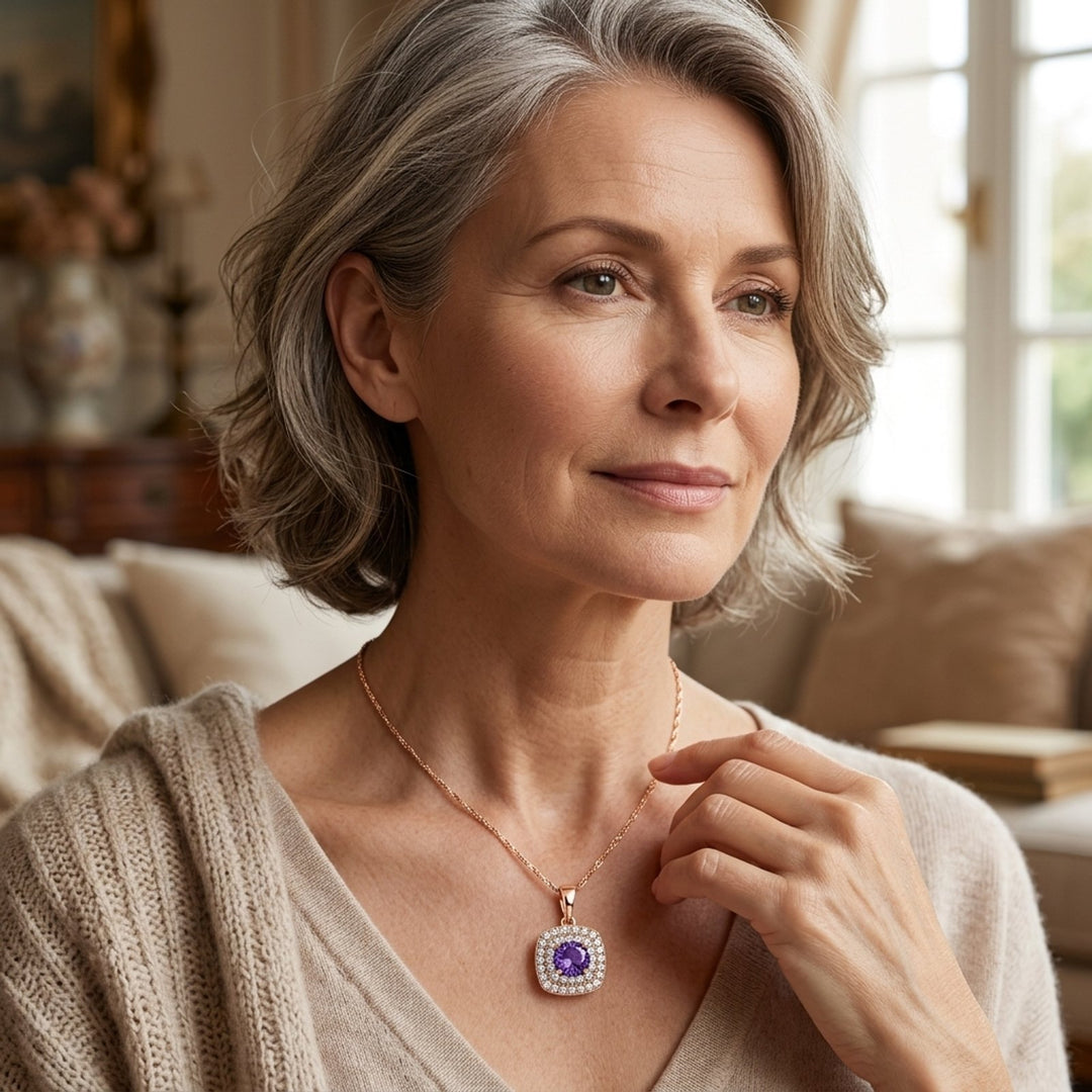 Cushion-Cut Amethyst Halo Gold Pendant Necklace