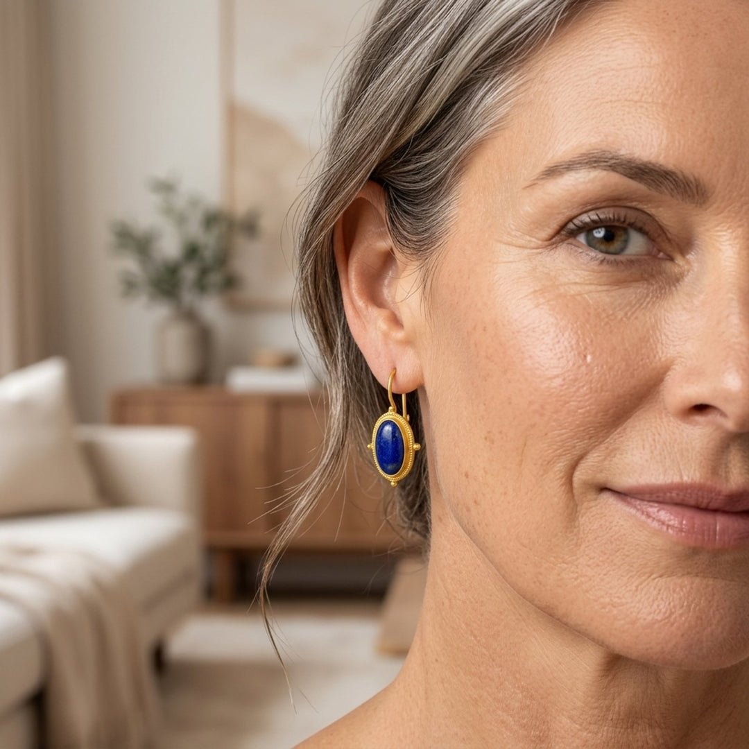 Gold Plated Oval Lapis Lazuli Drop Earrings