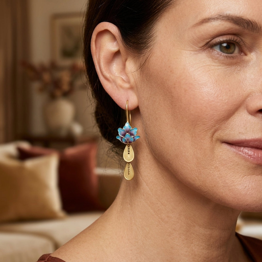 Lotus Enamel Drop Hook Earrings