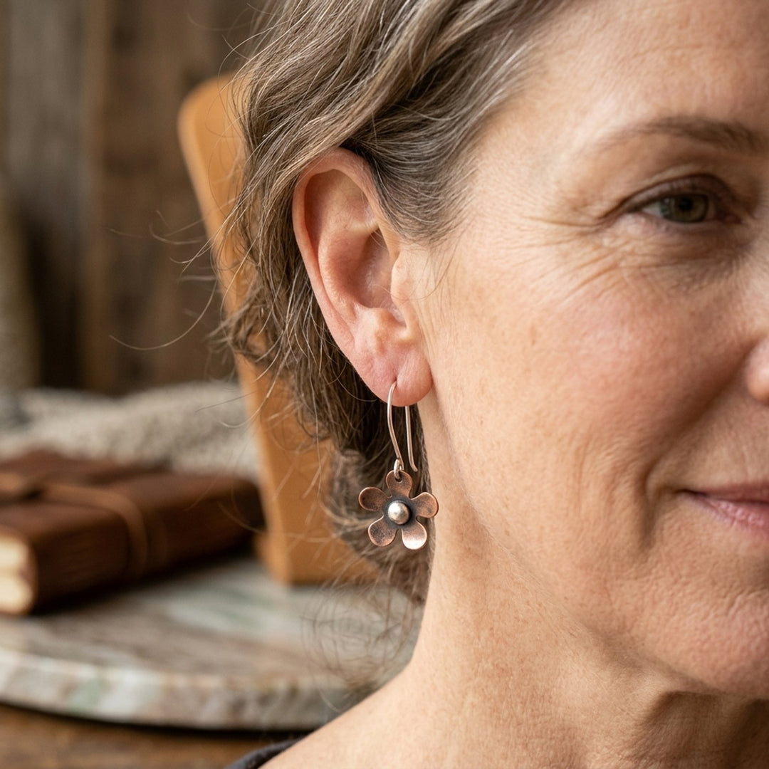 Handcrafted Copper Flower Sterling Silver Drop Earrings