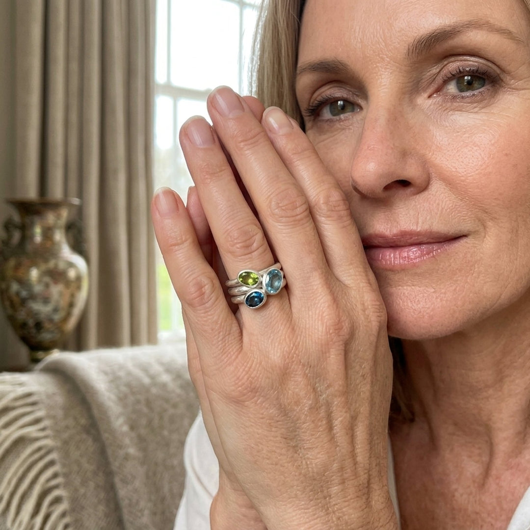 Triple Stone Bezel Set Silver Ring