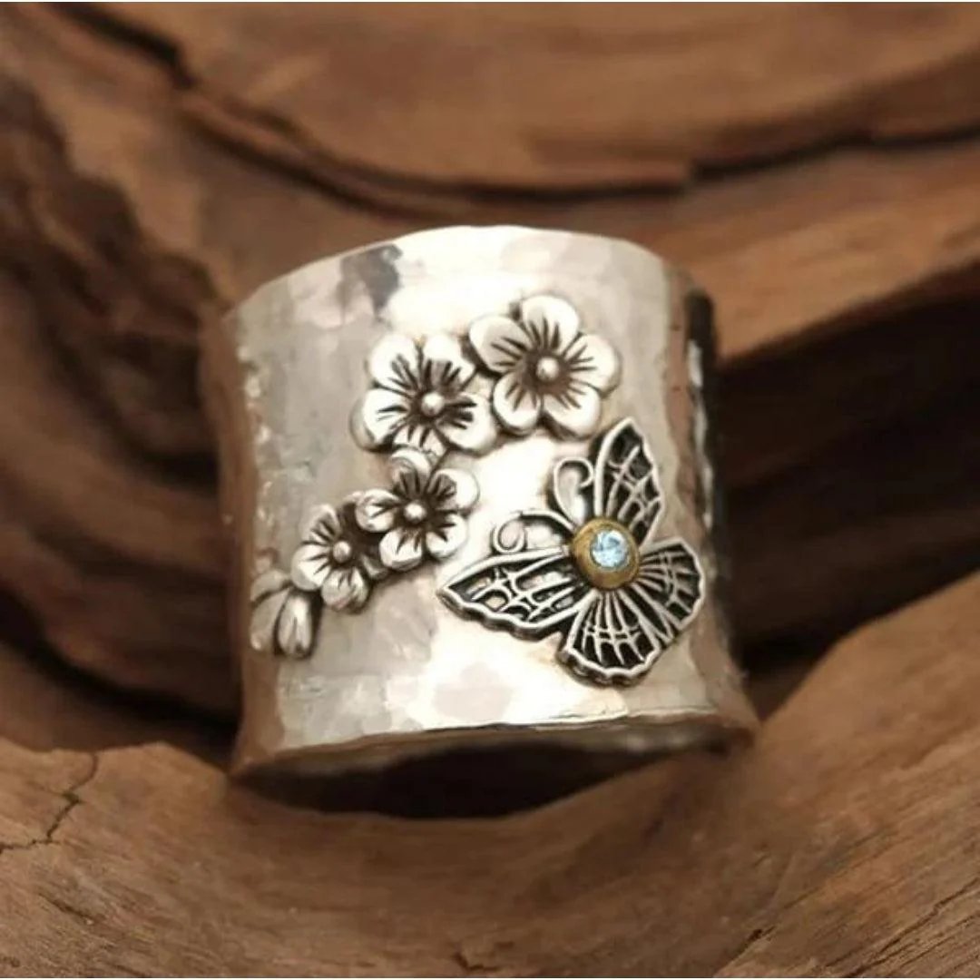 Hammered Silver Floral Butterfly Wide Band Ring
