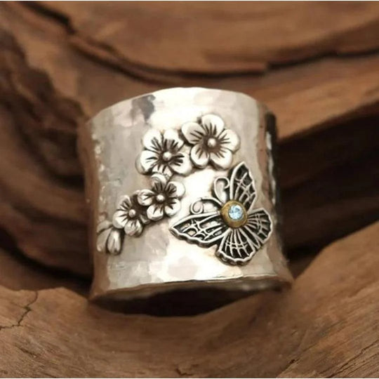 Hammered Silver Floral Butterfly Wide Band Ring