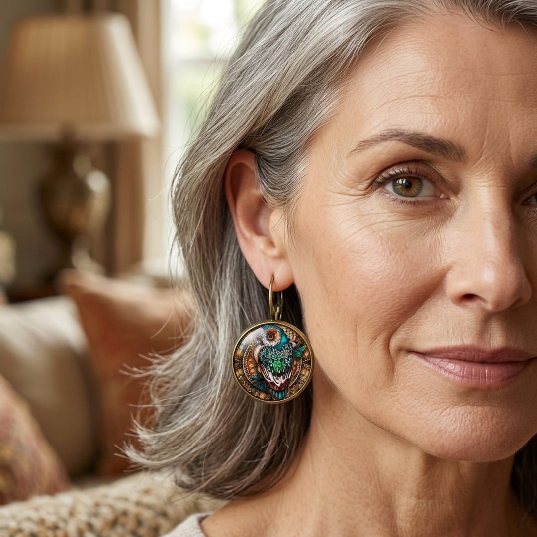 Glass Dome Owl Motif Lever-Back Earrings