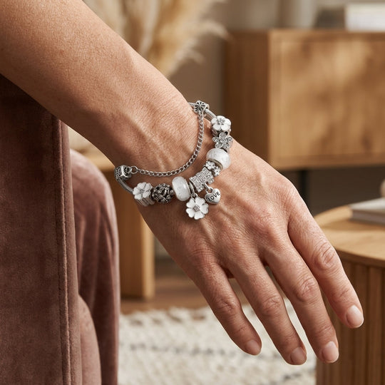 Vintage Silver Charm Bracelet with Crystals