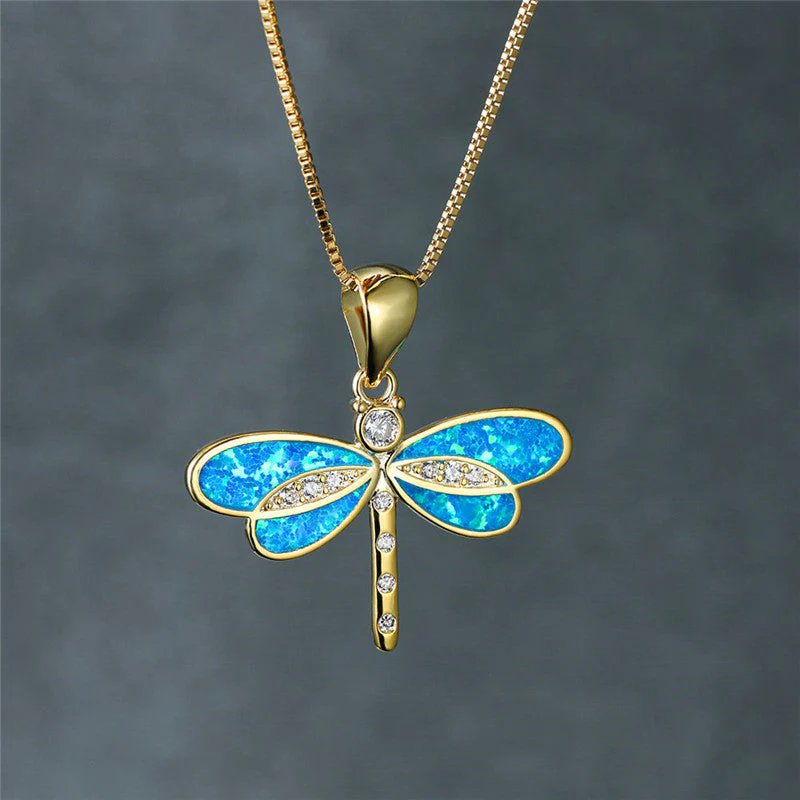 Opal Inlay Gold-Plated Dragonfly Pendant Necklace
