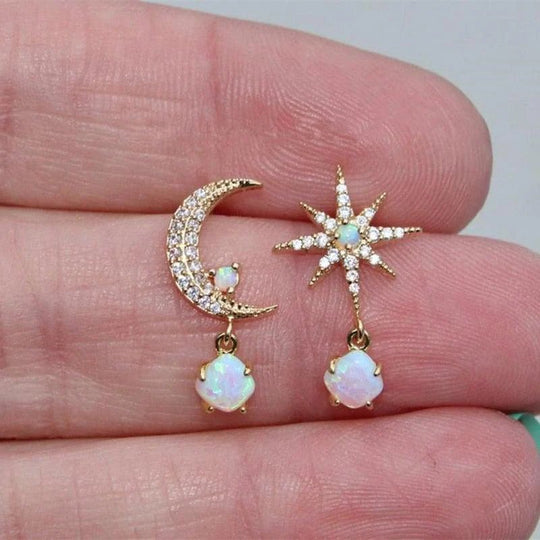 Crescent Moon Star Opal Drop Earrings