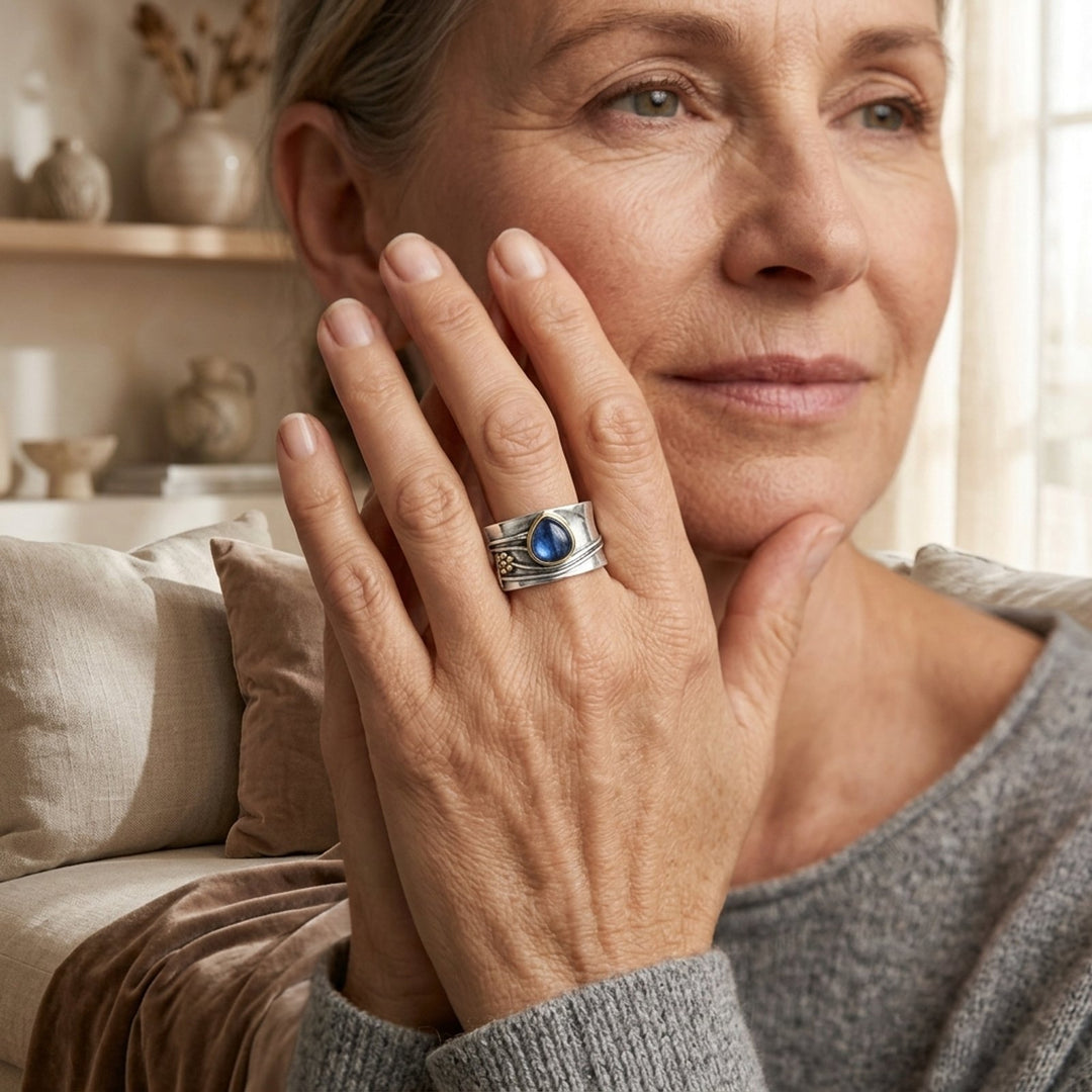 Antiqued Silver Sapphire Wide Band Ring
