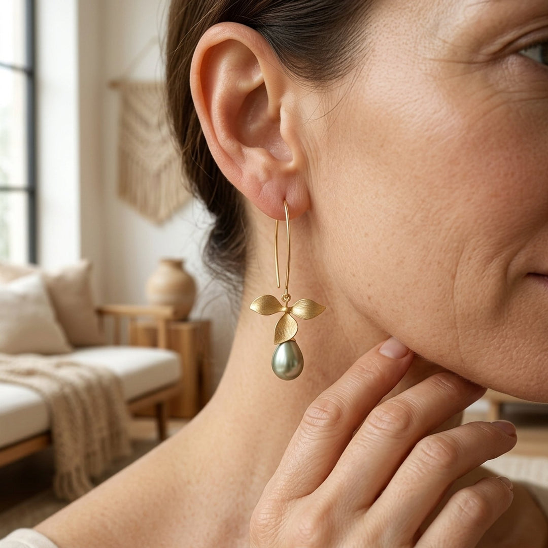Brushed Gold Leaf Pearl Drop Earrings
