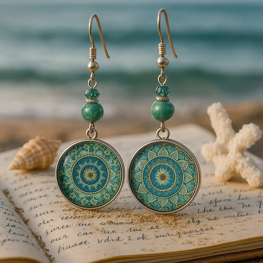 Mandala Print Dangle Earrings with Natural Stone Beads