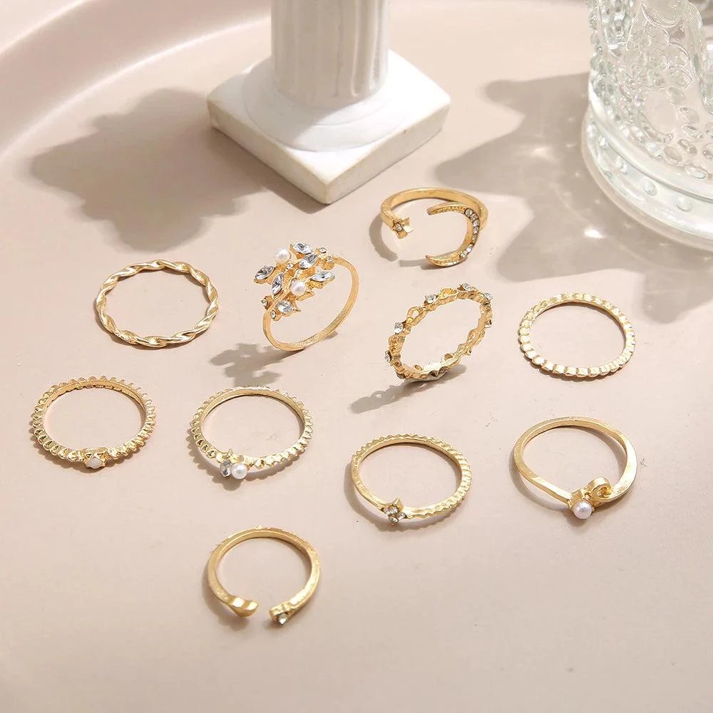 Gold-Plated Stackable Ring Set with Rhinestone Details
