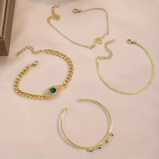 Gold-Plated Emerald Chain Bracelet Set