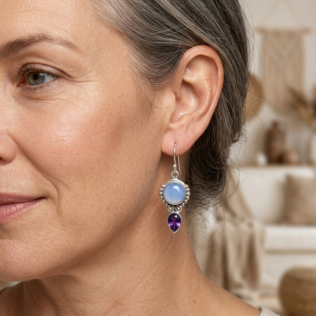 Sterling Silver Moonstone Amethyst Drop Earrings