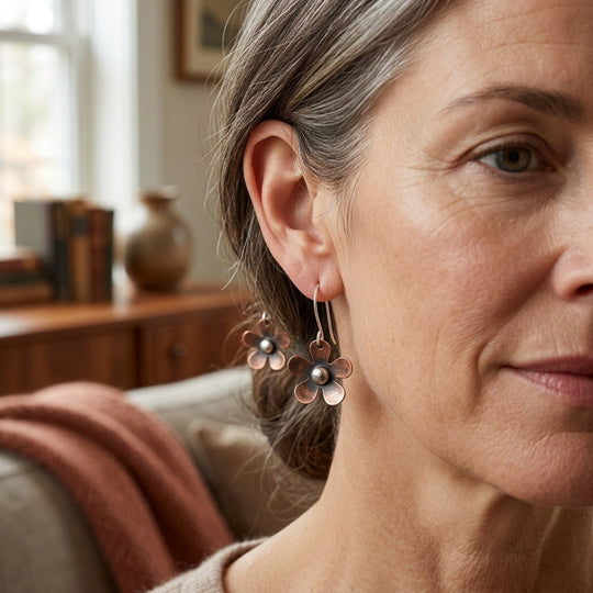 Handcrafted Copper Flower Sterling Silver Drop Earrings