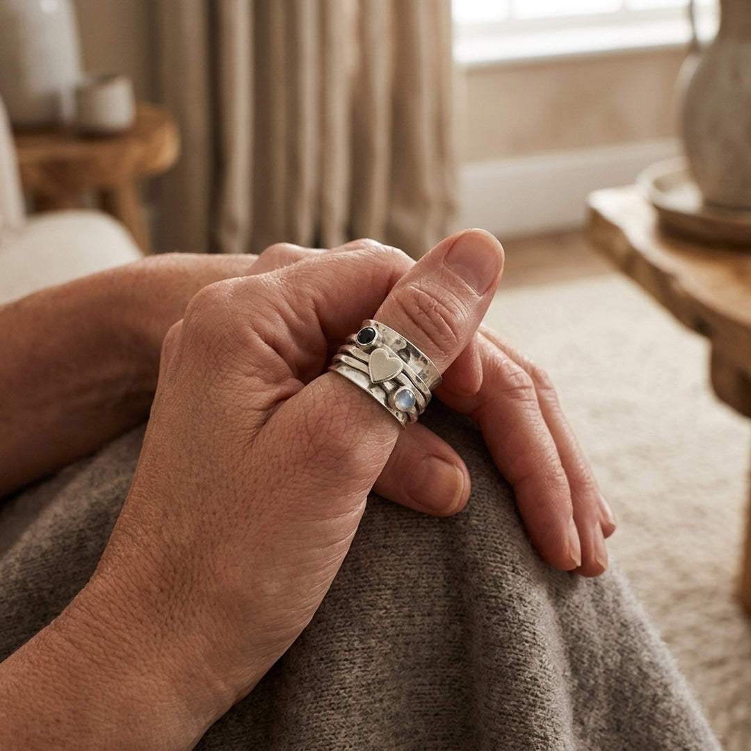 Silver Hammered Multi-Stone Spinner Ring