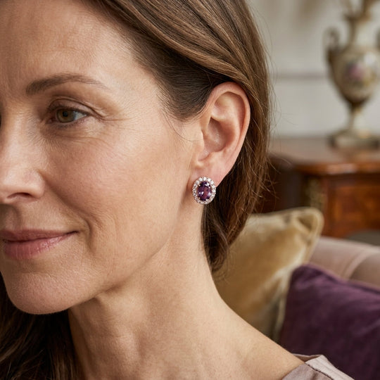 Gold Oval Amethyst Halo Stud Earrings