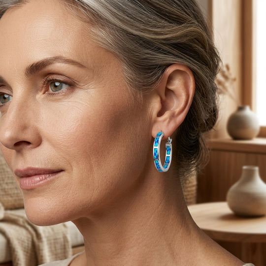 Sterling Silver Opal Inlay Hoop Earrings