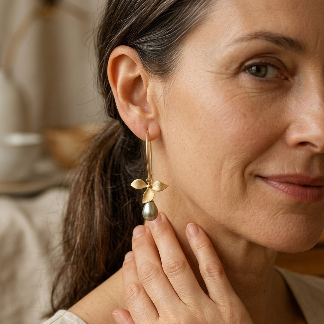 Brushed Gold Leaf Pearl Drop Earrings